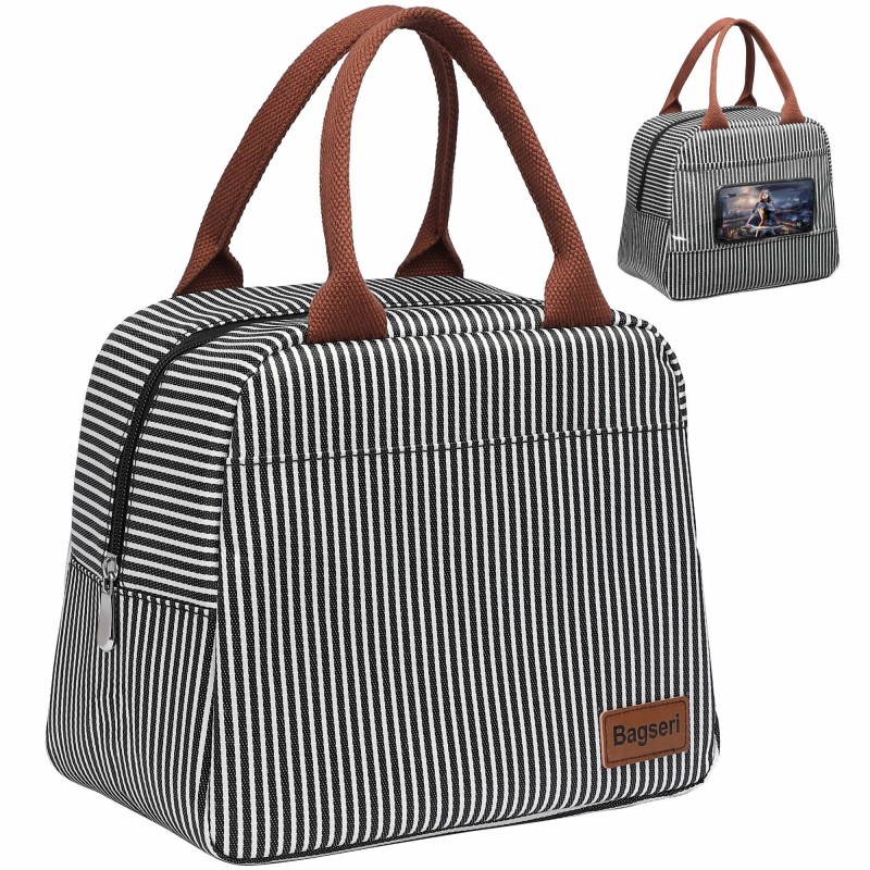 Bagseri Insulated Lunch Bag for Women (Black White Stripe)