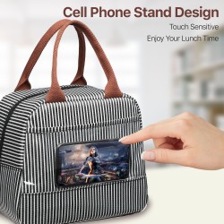 Reusable Lunch Cooler Bag Thermal Organizer Lunch Bag Grey Water-resistant Lining Bagseri Insulated Lunch Bags for Women and Men with Transparent Phone Holder Pocket